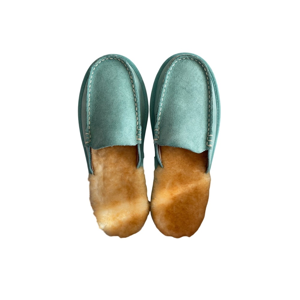 Turquoise Suede Fur Lining Moccasin Blue Suede Shearling Shoes LL Bean Size 9